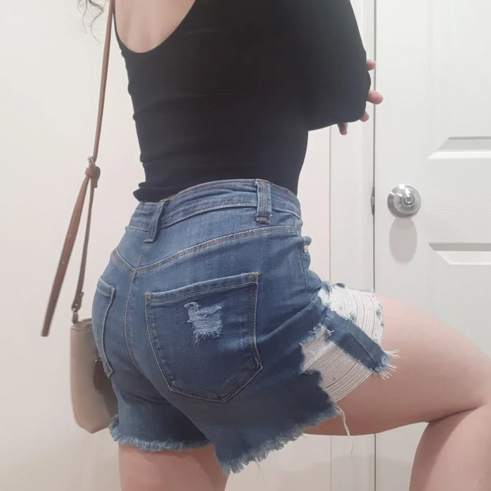 Button fly distressed high rise waisted denim jean shorts medium wash - Picture 12 of 12